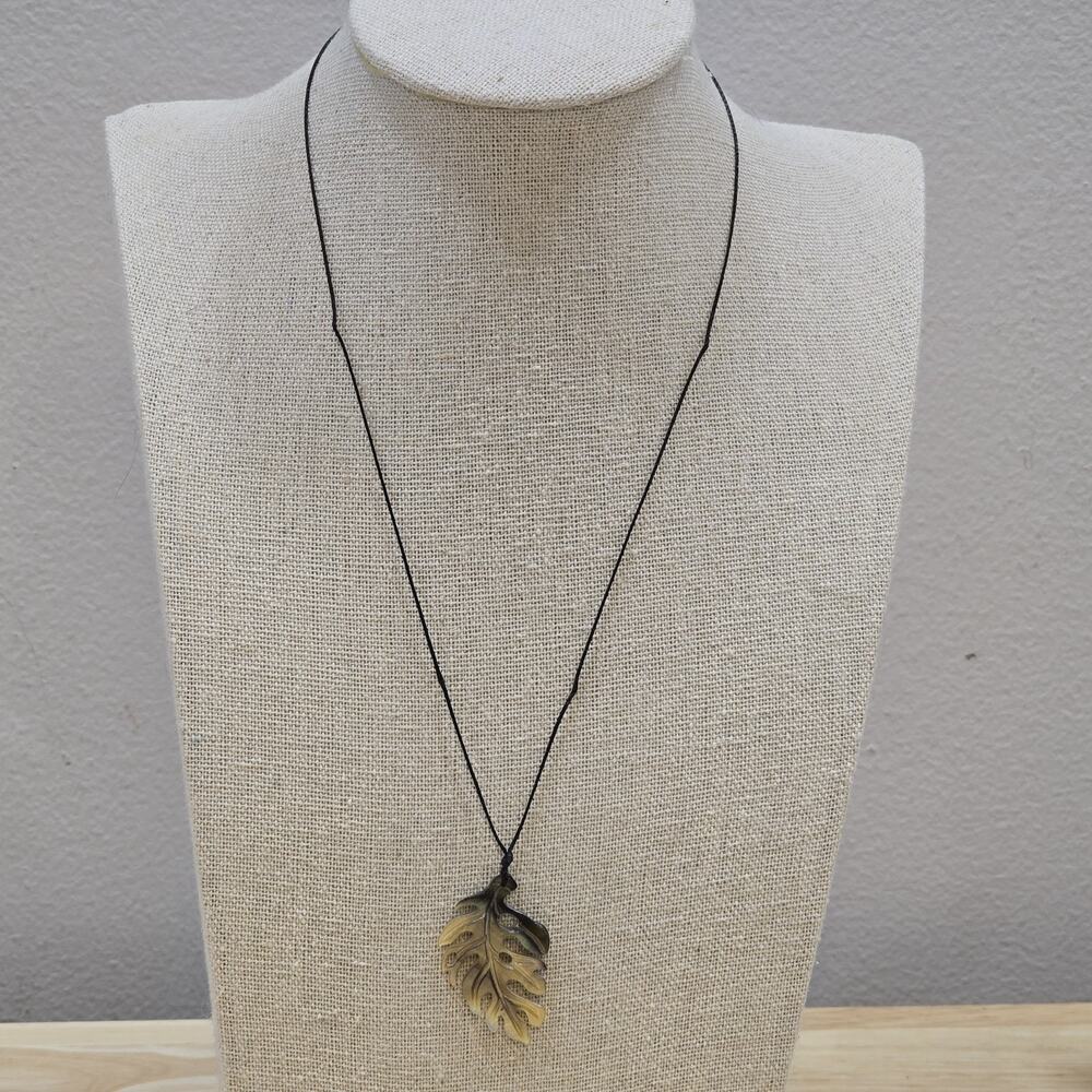 Carved Oyster Shell Hawaiian Monstera Pendant Delicate 17" Cord Necklace - Picture 4 of 11